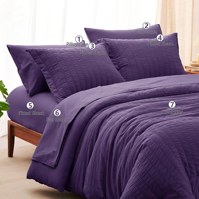 CozyLux Queen Comforter Set Purple Seersucker 7 Pieces Bed in a Bag Queen - Image 8