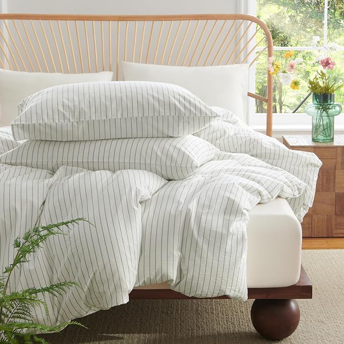 Nayoroom Striped Duvet Cover Queen Size 100% Washed Cotton White Green Stripe - Image 4
