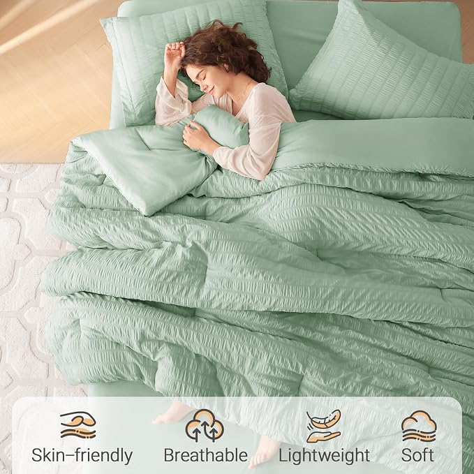 MUXHOMO 7 Pieces Queen Comforter Set, Seersucker Bed in a Bag Queen Size - Image 2