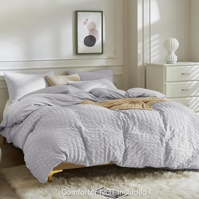 JELLYMONI Light Grey Duvet Cover Full Size, Soft Breathable Seersucker Duvet - Image 3