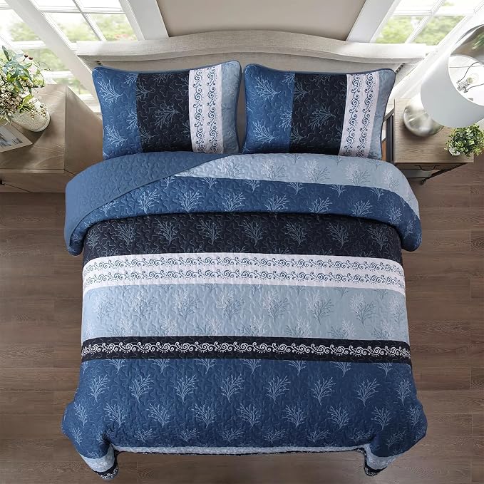 DJY Stripe Quilt Set King Size Blue Bedspread Coverlet Set 3 Pieces Boho Branch - Image 3