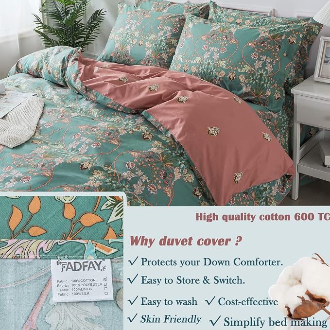 FADFAY Floral Duvet Cover Queen Button Closure 100% Cotton 600 TC Teal - Image 7