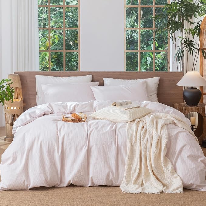 MooMee Striped Duvet Cover Set 100% Washed Cotton Linen Like Textured by MOOMEE