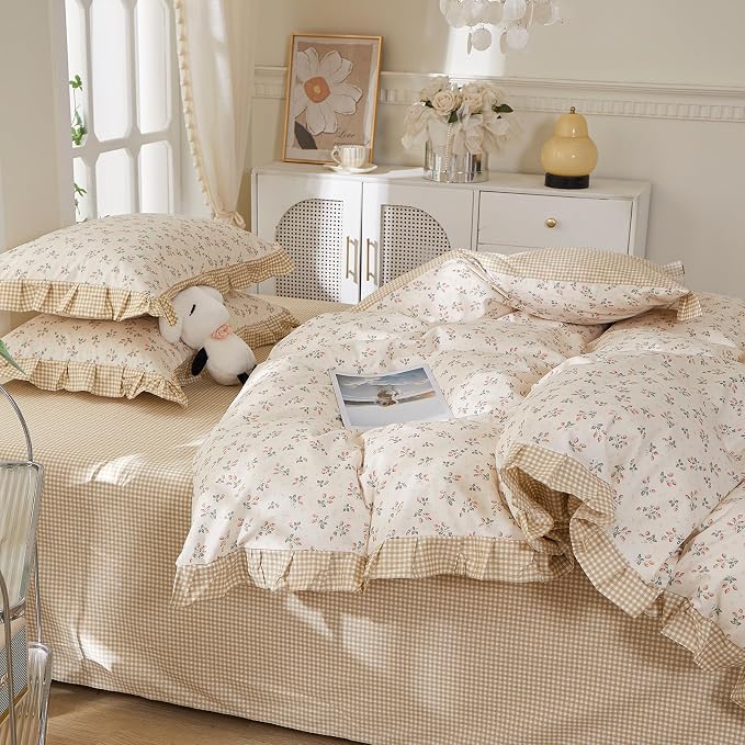 mixinni Beige Floral Duvet Cover Queen Size, 100% Cotton Cute Strawberry Floral - Image 7