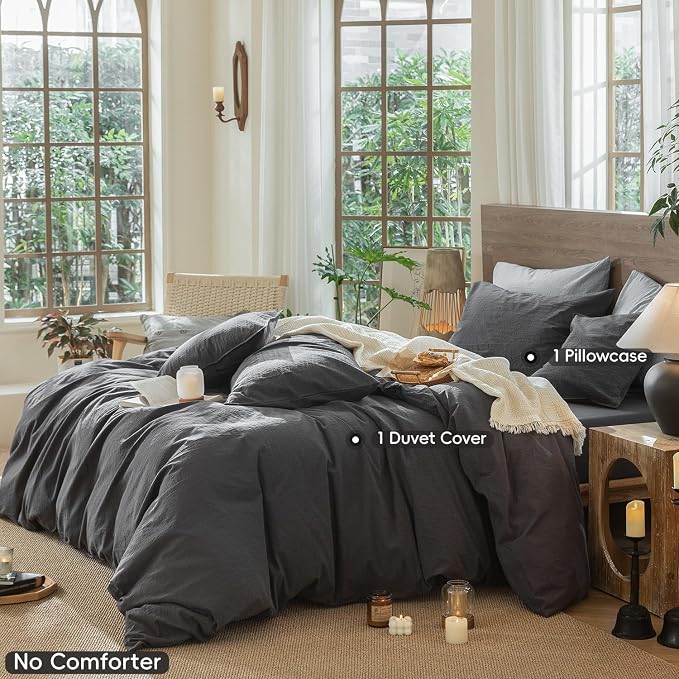 MooMee Wavy Striped Duvet Cover Set 100% Washed Cotton Linen Like Textured - Image 2