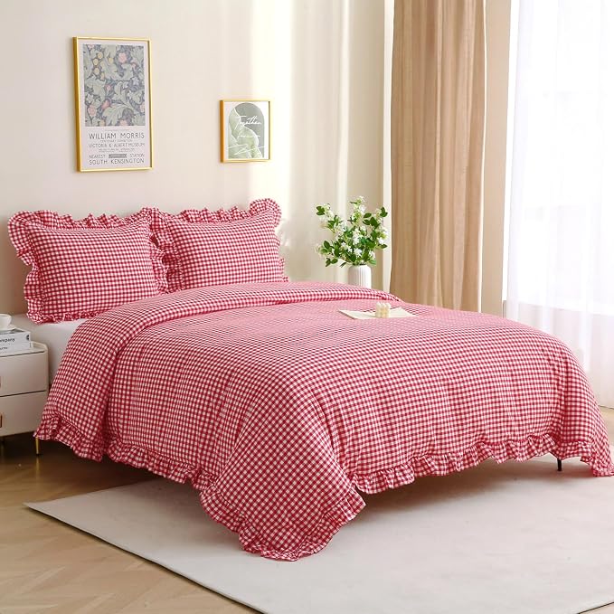 Silnuo Red/White Checkered Ruffle 3-Piece Duvet Cover Set Queen Size, Washed - Image 3