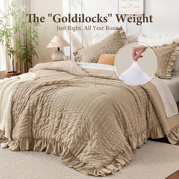 JOLLYVOGUE Full Size Comforter, 3 Pieces Khaki Seersucker Lightweight Full Size - Image 3