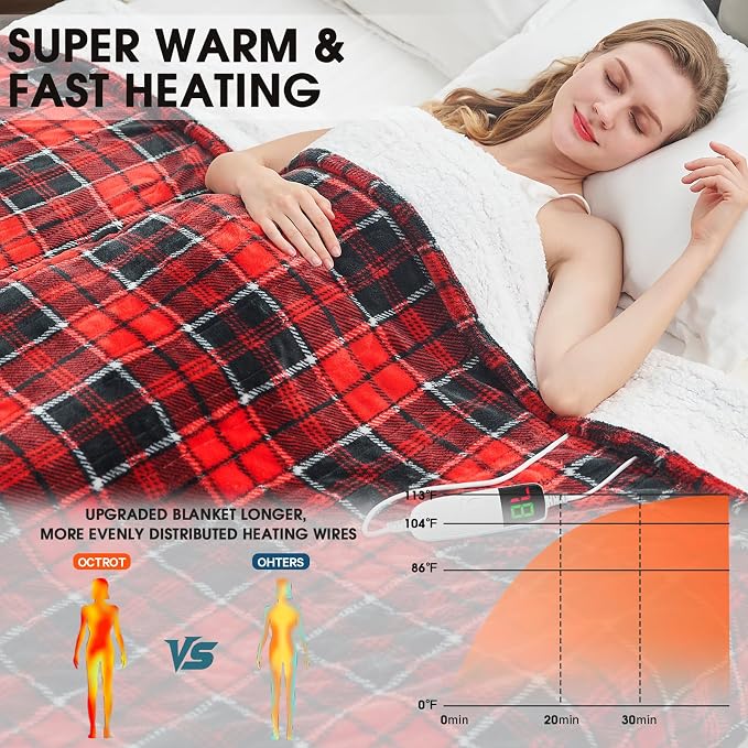 OCTROT Red Christmas Heated Blanket Electric Throw 50X60, Heating Throw Gift - Image 2