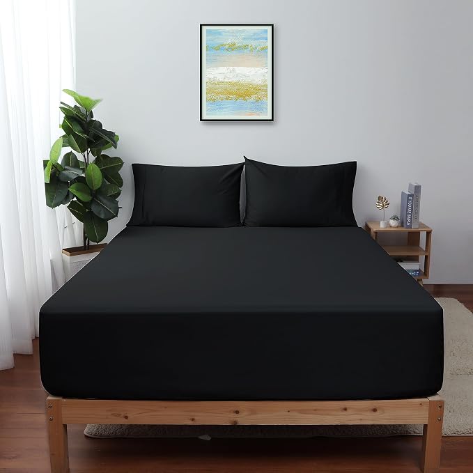 Twin Size Fitted Sheet Only Black, 100% Egyptian Cotton 600 Thread Count by ShunjieHome