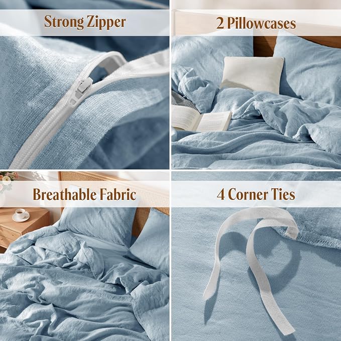 LBRO2M 100% France Linen Duvet Cover Set Cal King Size 3 Pcs Natural Flax - Image 5