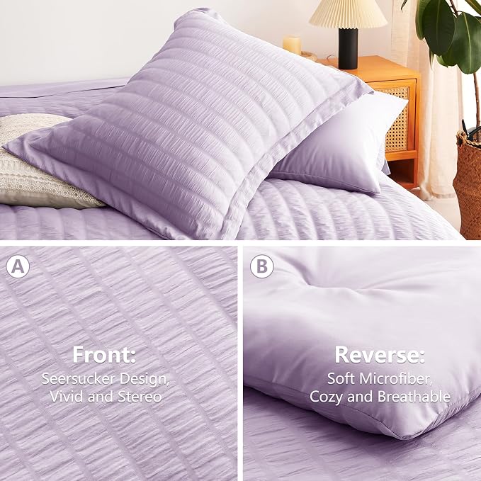 CozyLux Queen Comforter Set Light Purple Seersucker 7 Pieces Bed in a Bag Queen - Image 5