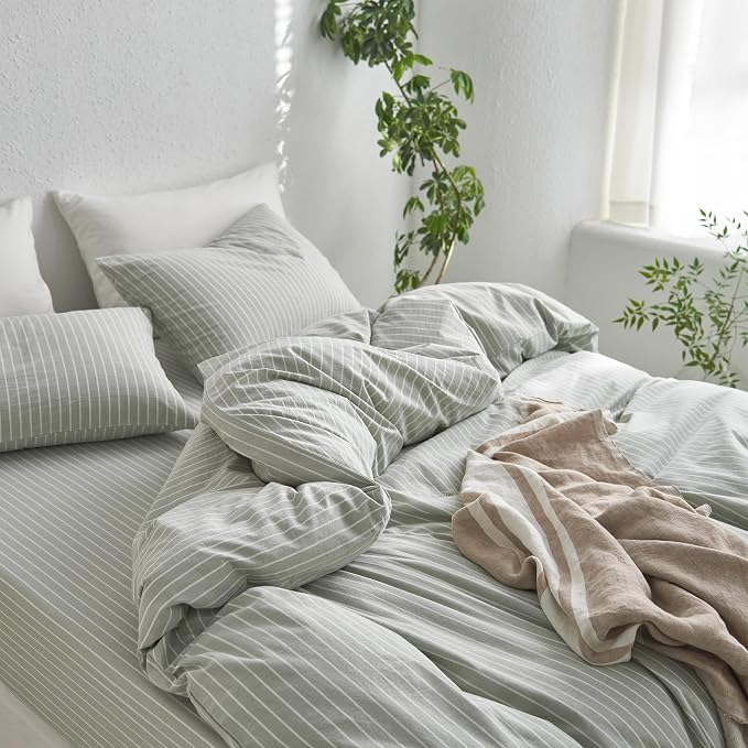 MooMee Striped Duvet Cover Set 100% Washed Cotton Linen Like Textured - Image 7
