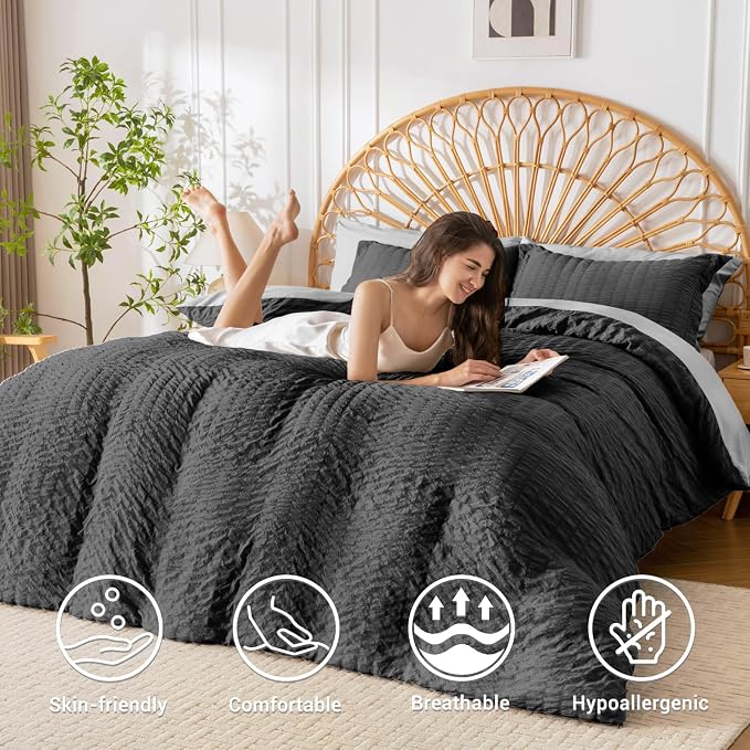HYMOKEGE Dark Grey/Light Grey Duvet Cover Full Size, Ultra Soft 3-Piece - Image 2
