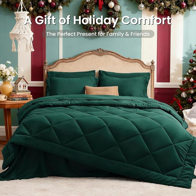 Love's cabin King Size Comforter Set Dark Green, 7 Pieces King Bed in a Bag - Image 2
