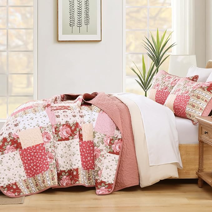 Anibedding 3Pieces Patchwork Quilts King Size, Bohemian Red Flower Plaid - Image 4