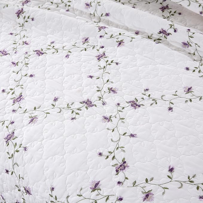 Quilt Set Purple Floral 3D Embroidery Pattern 2 PCS 100% Cotton Reversible - Image 3