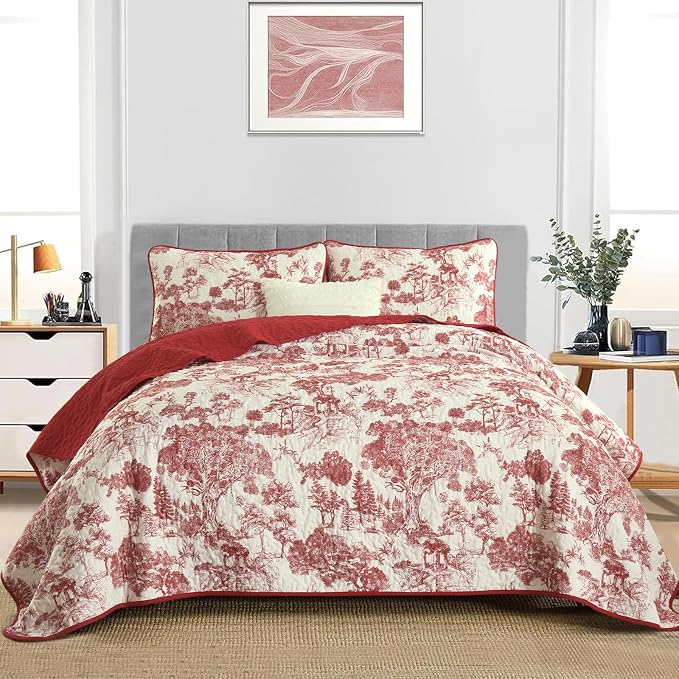 WONGS BEDDING Botanical Quilt Set King Size, Christmas Red 3 Pieces Floral - Image 2