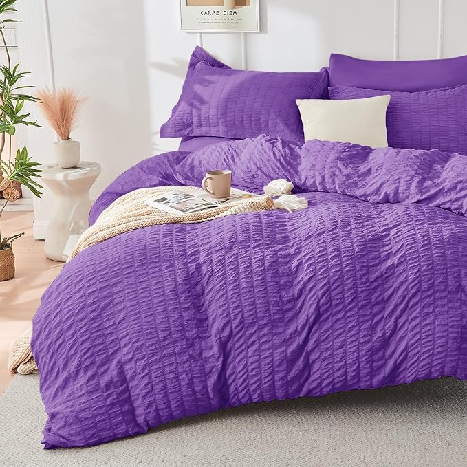 HYMOKEGE Bright Purple California King Comforter Set Seersucker 7 Pieces - Image 2