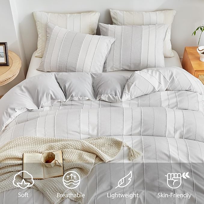 WARMDERN Light Grey Striped Weave Duvet Cover King Size, Microfiber Textured - Image 3
