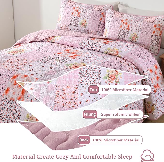 Mybedsoul Patchwork Quilts Queen Size, Soft Pink Boho Floral Queen Bedspreads - Image 3
