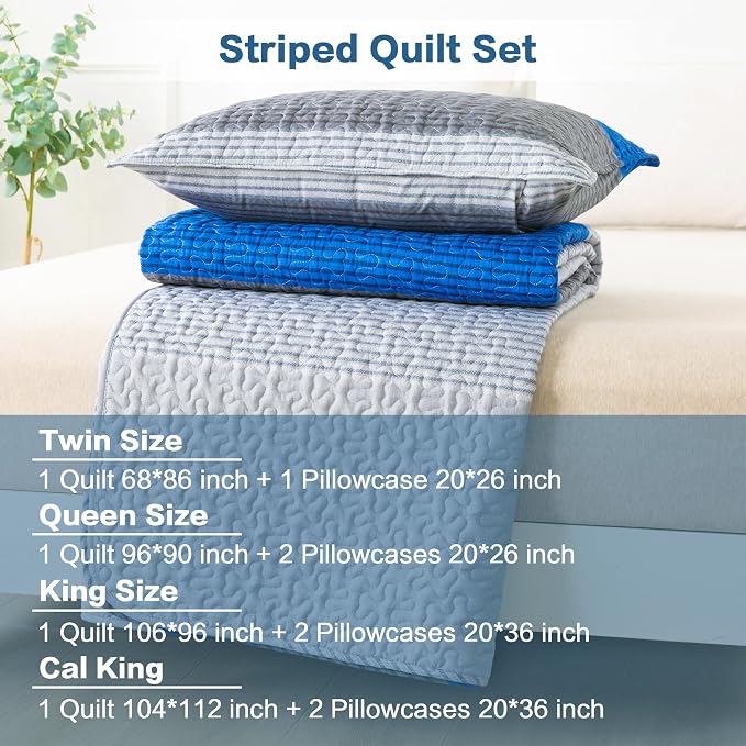 Andency Stripe Quilt Set Twin, 2 Pieces Blue and Grey Patchwork Bedspread - Image 3