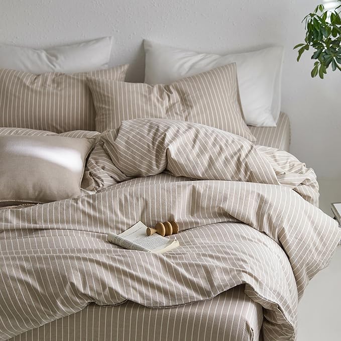 MooMee Striped Duvet Cover Set 100% Washed Cotton Linen Like Textured - Image 4
