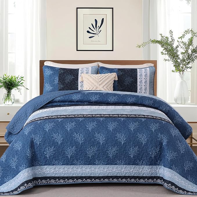 DJY Stripe Quilt Set King Size Blue Bedspread Coverlet Set 3 Pieces Boho Branch - Image 2