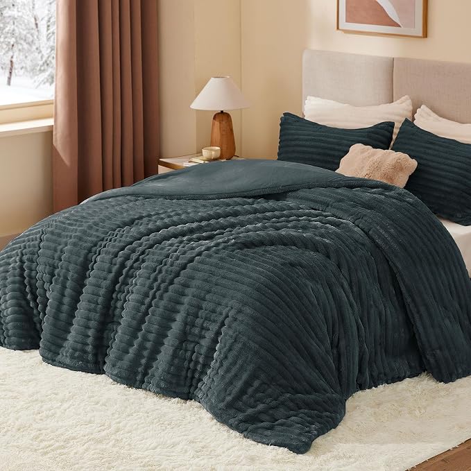BEDELITE Fleece Queen Comforter Set -Super Soft & Warm Fluffy Dark Grey Bedding - Image 2
