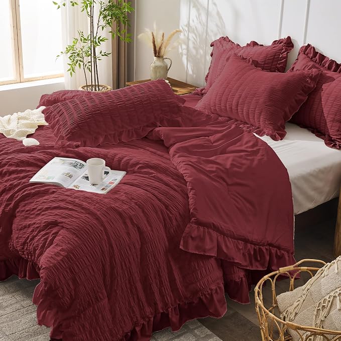 JOLLYVOGUE Twin Size Comforter Set, 2 Pieces Burgundy Seersucker Lightweight - Image 7