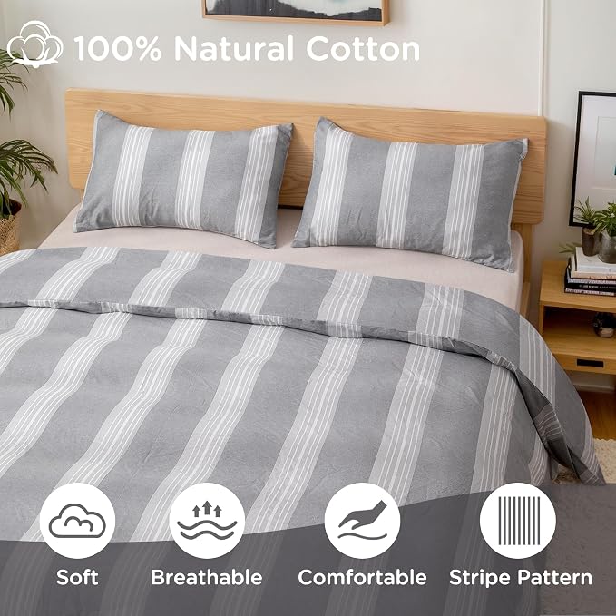 TOCOMOA Striped Duvet Cover Set 100% Natural Cotton Soft Comfy Breathable 3 - Image 4