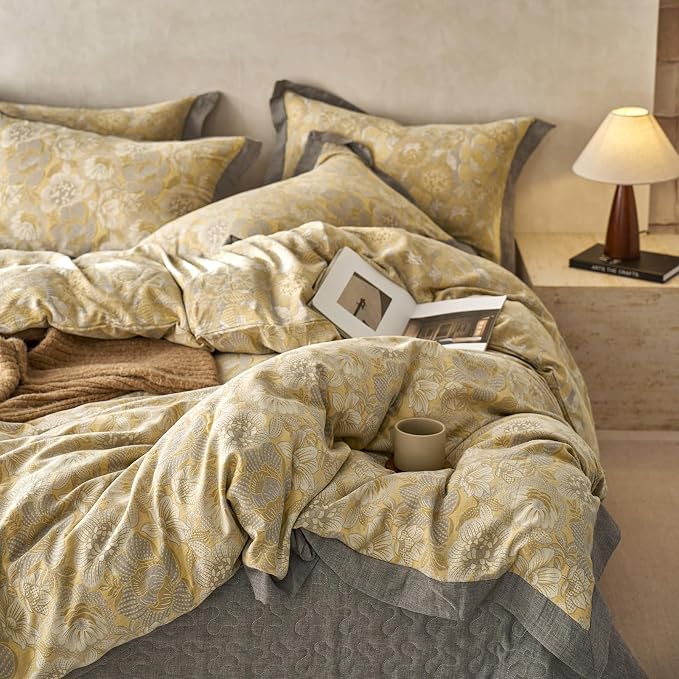 mixinni Duvet Cover King, Premium Cotton Double-Layer Yarn Golden Floral - Image 4