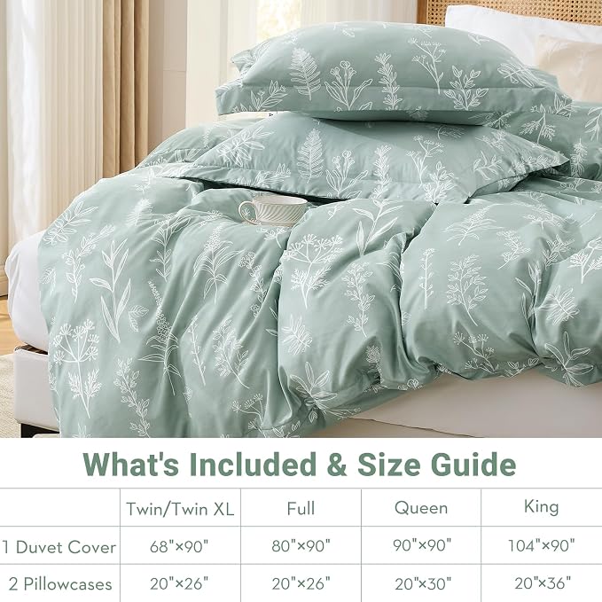 MUXHOMO Duvet Cover King Size, Reversible Floral Green Duvet Cover Set - Image 6
