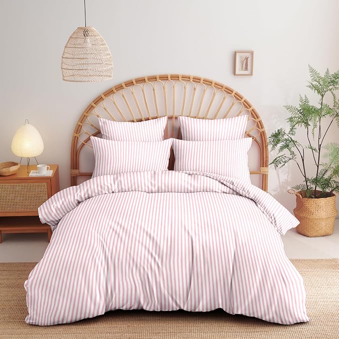 Nayoroom Pink Striped Duvet Cover Queen Size White Stripe Duvet Cover Dorm - Image 5