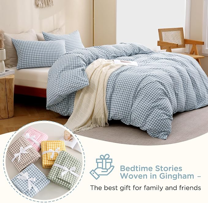 TOCOMOA Blue Gingham Duvet Cover Bedding Set 100% Washed Cotton Like Linen Feel - Image 7