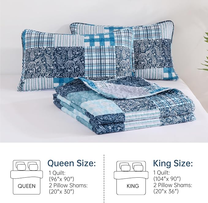 Xruibed Blue Quilt Set Queen Size 3 Pieces Plaid Floral Boho Bedspread Coverlet - Image 9
