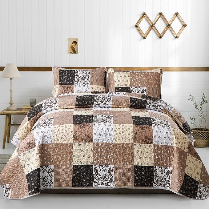 Mybedsoul Patchwork Quilt Set Queen Size, 3 Pieces Brown Floral Plaid Patchwork by Mybedsoul