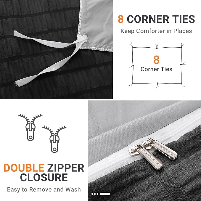 HYMOKEGE Black/Light Grey Duvet Cover King Size, Ultra Soft 3-Piece Seersucker - Image 5