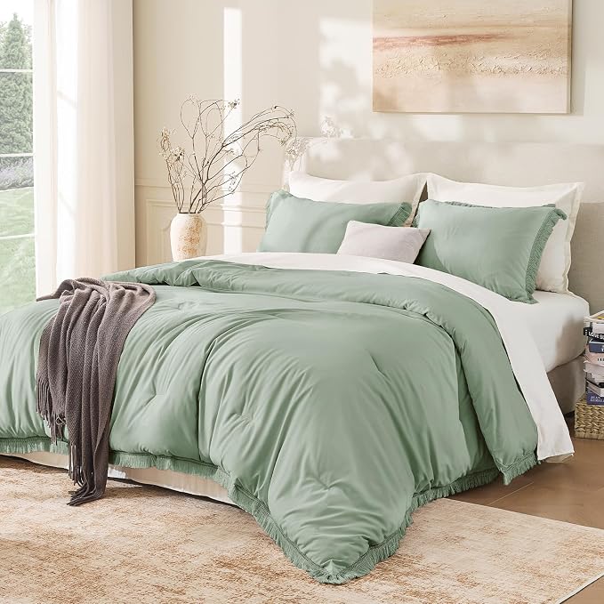 Andency Sage Green Tassel Comforter Set Full, 3 Pieces Boho Farmhouse Shabby by Andency