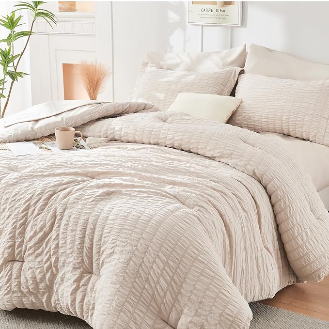 HYMOKEGE Beige King Size Comforter Set Seersucker 7 Pieces, All Season Luxury by HYMOKEGE