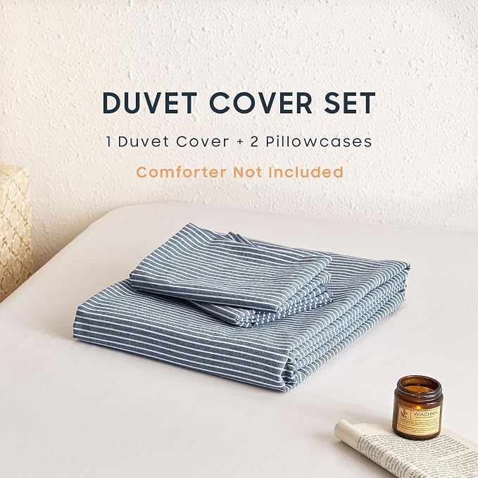 Wake In Cloud - Striped Cotton Duvet Cover Set, 100% Washed Cotton Textured - Image 2