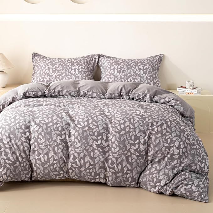 OAITE Grey Fallen Leaves King Size Duvet Cover-3 Pieces Prewashed Cotton-Like by OAITE