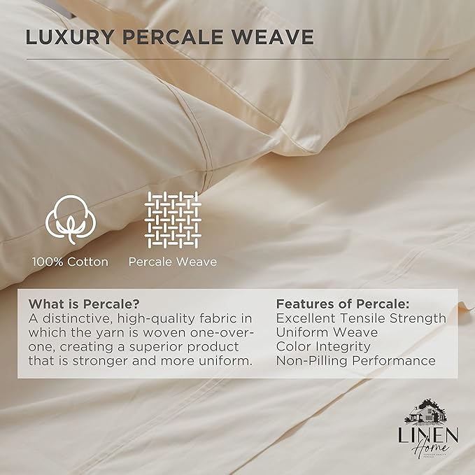 Linen Home 100% Cotton Percale Weave Fitted Sheet Twin Size, Ivory – Crisp - Image 2