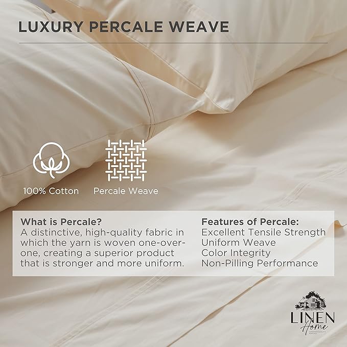 Linen Home 100% Cotton Percale Weave Fitted Sheet Full Size, Deep Pocket Fits - Image 2