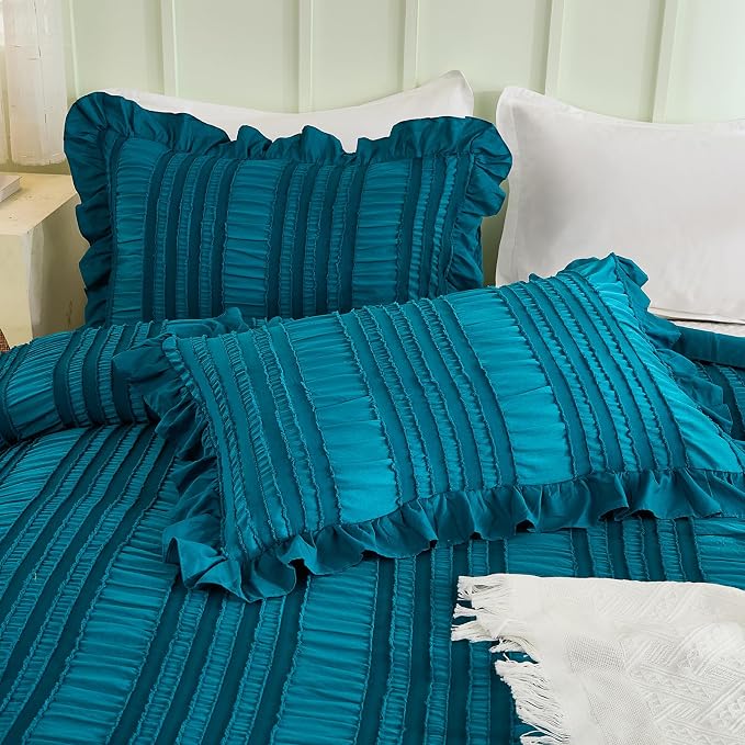WONGS BEDDING Teal Comforter Set King, 3 Pieces Ruffle Farmhouse Shabby Chic - Image 5