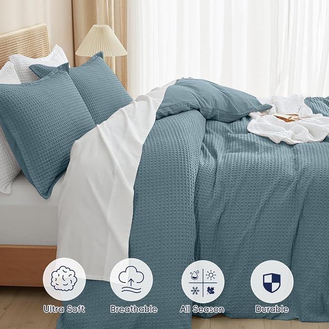 PHF Waffle Duvet Cover Set Queen Size, No Snagging Ultra Soft Luxury Textured - Image 4