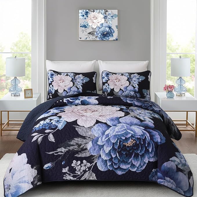 WONGS BEDDING Navy Boho Floral Quilt Set Queen, Elegant Blue Flower Bedspread by WONGSBEDDING