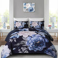 WONGS BEDDING Navy Boho Floral Quilt Set Queen, Elegant Blue Flower Bedspread by WONGSBEDDING