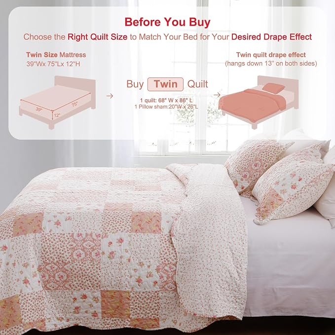 GOONE Twin Quilt Set 68"x86", Lightweight Washed Coverlet, Reversible Spring & - Image 7