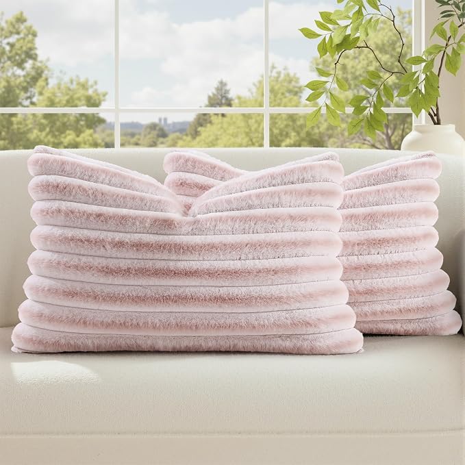 decorUhome Summer Cozy Faux Fur Throw Pillow Covers 12x20 Set of 2 Decorative by decorUhome