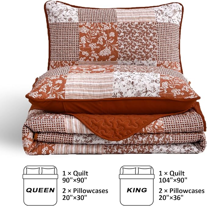Mybedsoul Burnt Orange Quilt Set King Size, 3 Pieces Boho Plaid Terracotta - Image 5